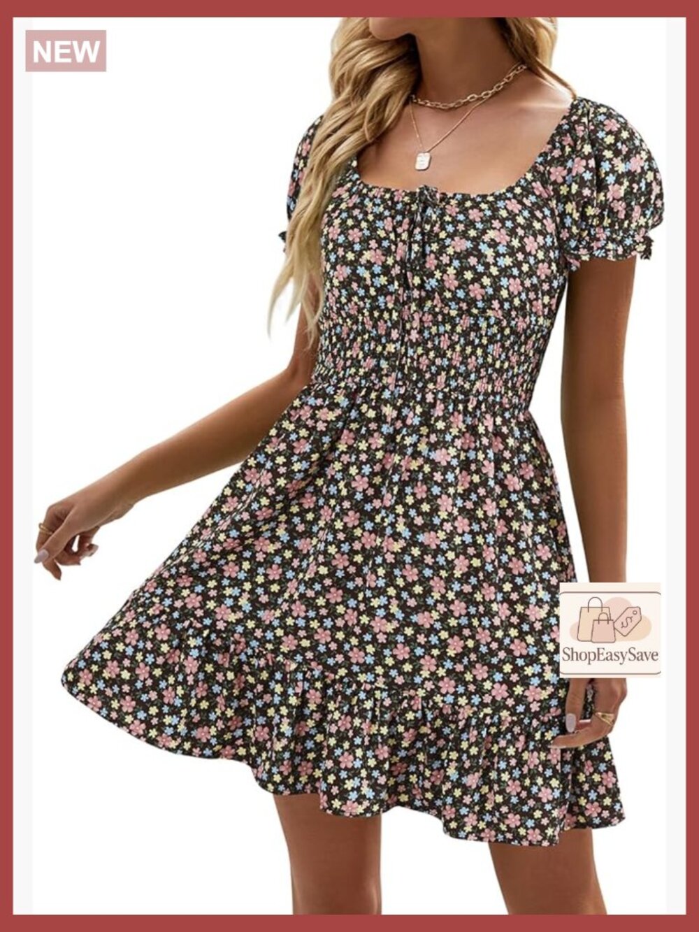 Boho Floral Smocked Square Neck Ruffle Mini Dress Summer Casual Chic